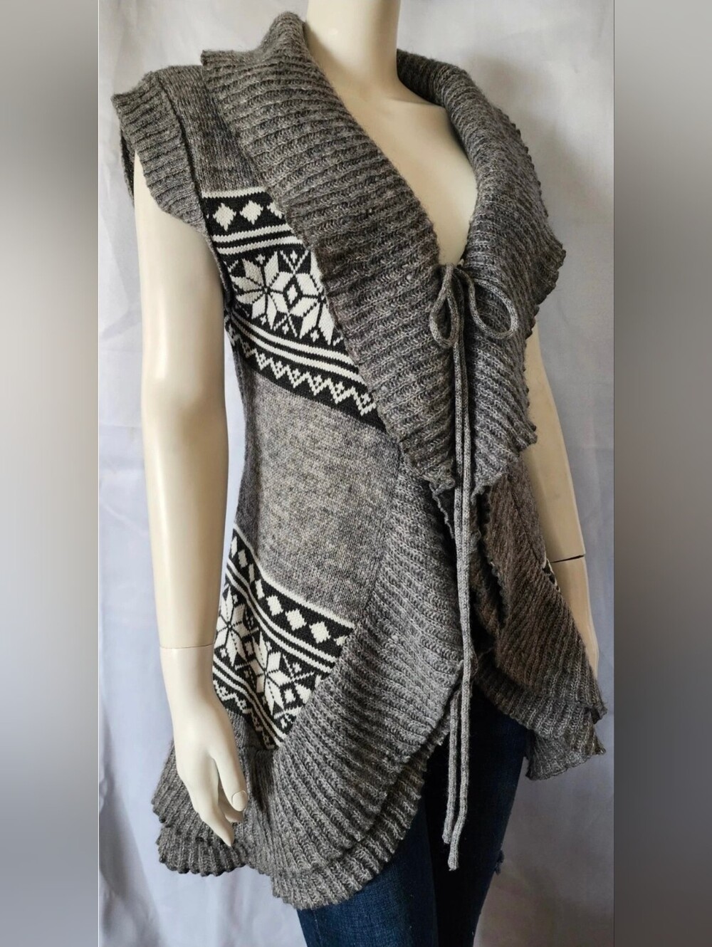 Mystree Sleeveless Gray Nordic Snowflake Cardigan Sweater Wool Blend Size Small